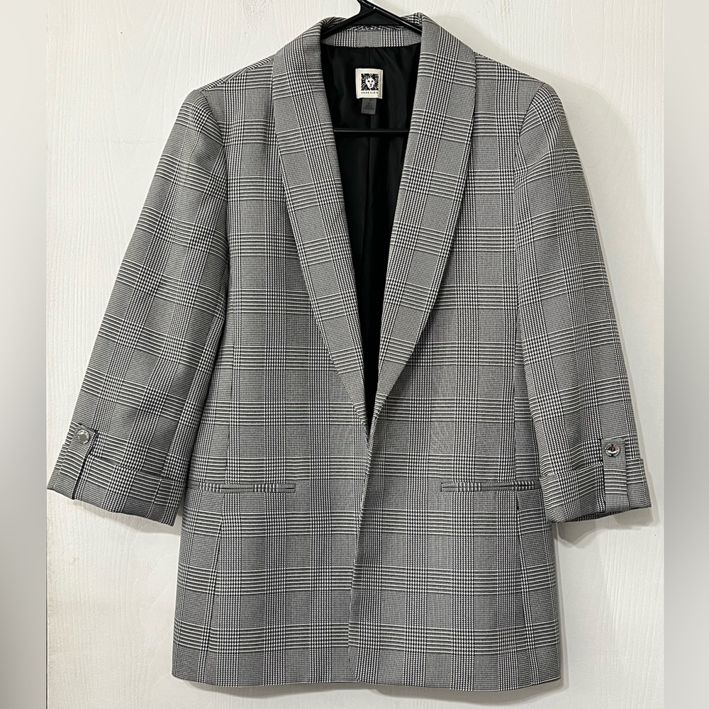 Anne Klein Houndstooth Blazer Jacket Size Small Structured 3/4 Length Sleeves